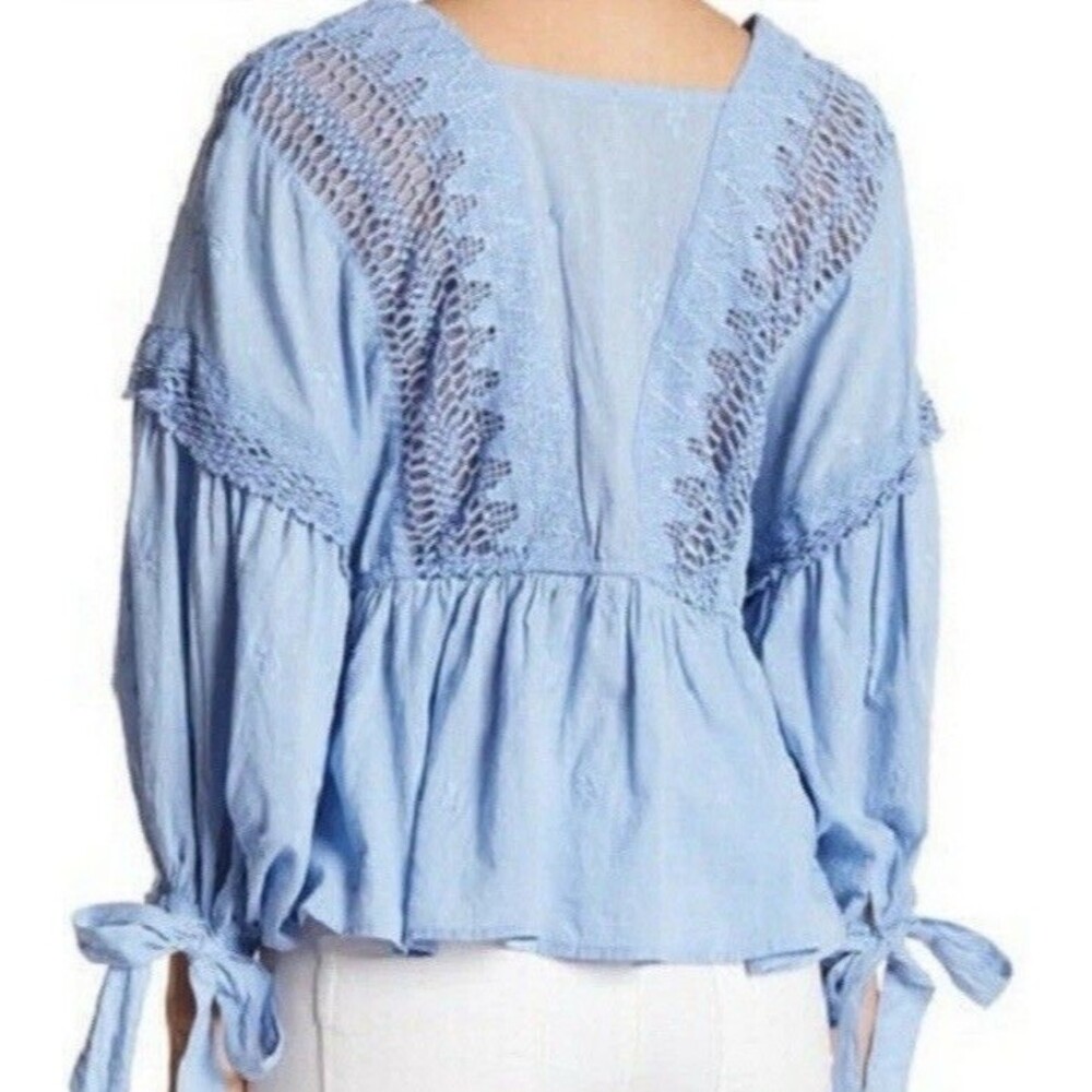 Free People 'Drive You Mad’ Blue Top Peplum For Puff Sleeve Size L - Picture 3 of 10